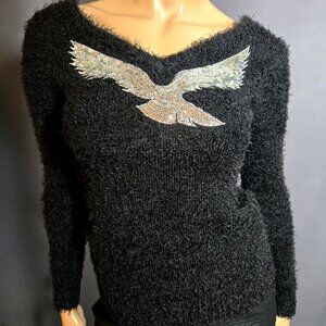 Y2K Black Fluffy Shaggy Sweater Silver Sequin Bird Eagle Size XS V Neck